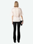Thodri Satin Top - Powder pink satin top with short butterfly sleeves, V neckline and button fastening with diamanté jewel.