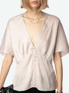 Thodri Satin Top - Powder pink satin top with short butterfly sleeves, V neckline and button fastening with diamanté jewel.