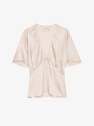 Thodri Satin Top - Powder pink satin top with short butterfly sleeves, V neckline and button fastening with diamanté jewel.