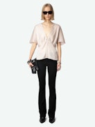 Thodri Satin Top - Powder pink satin top with short butterfly sleeves, V neckline and button fastening with diamanté jewel.