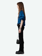 Taste Satin Top - Blue satin V-neck top with short gathered sleeves and pleated details.