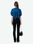 Taste Satin Top - Blue satin V-neck top with short gathered sleeves and pleated details.