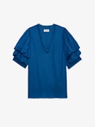 Taste Satin Top - Blue satin V-neck top with short gathered sleeves and pleated details.