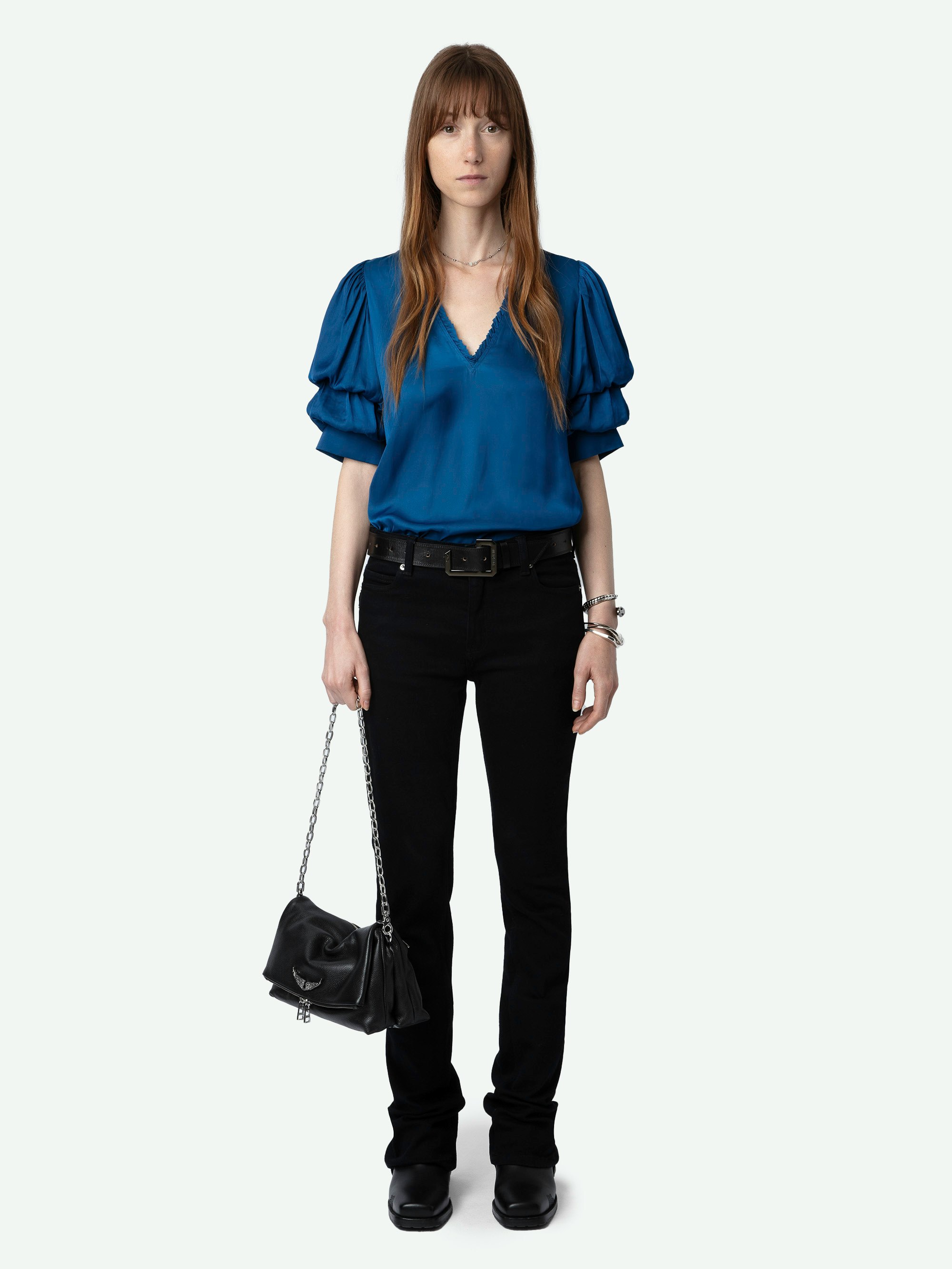 Taste Satin Top - Blue satin V-neck top with short gathered sleeves and pleated details.