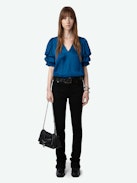 Taste Satin Top - Blue satin V-neck top with short gathered sleeves and pleated details.