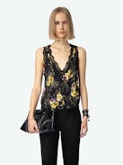 Embroidered Top - Black crepe lingerie-style sleeveless top with diamanté, Yoko floral print, button fastening and lace detailing.