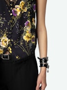 Embroidered Top - Black crepe lingerie-style sleeveless top with diamanté, Yoko floral print, button fastening and lace detailing.
