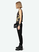 Embroidered Top - Black crepe lingerie-style sleeveless top with diamanté, Yoko floral print, button fastening and lace detailing.