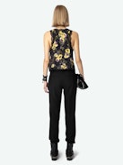 Embroidered Top - Black crepe lingerie-style sleeveless top with diamanté, Yoko floral print, button fastening and lace detailing.