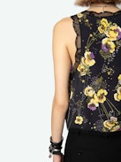 Embroidered Top - Black crepe lingerie-style sleeveless top with diamanté, Yoko floral print, button fastening and lace detailing.