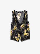Embroidered Top - Black crepe lingerie-style sleeveless top with diamanté, Yoko floral print, button fastening and lace detailing.