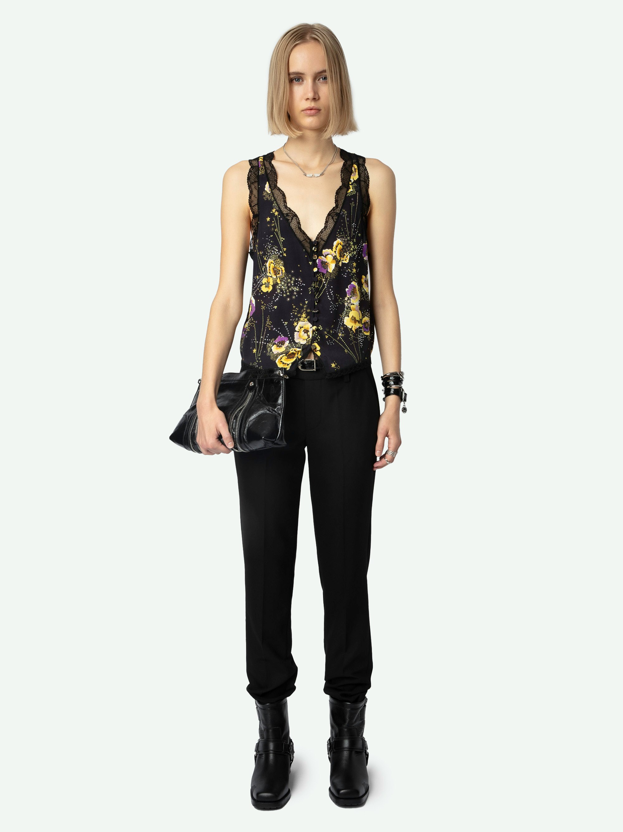 Embroidered Top - Black crepe lingerie-style sleeveless top with diamanté, Yoko floral print, button fastening and lace detailing.