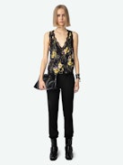 Embroidered Top - Black crepe lingerie-style sleeveless top with diamanté, Yoko floral print, button fastening and lace detailing.