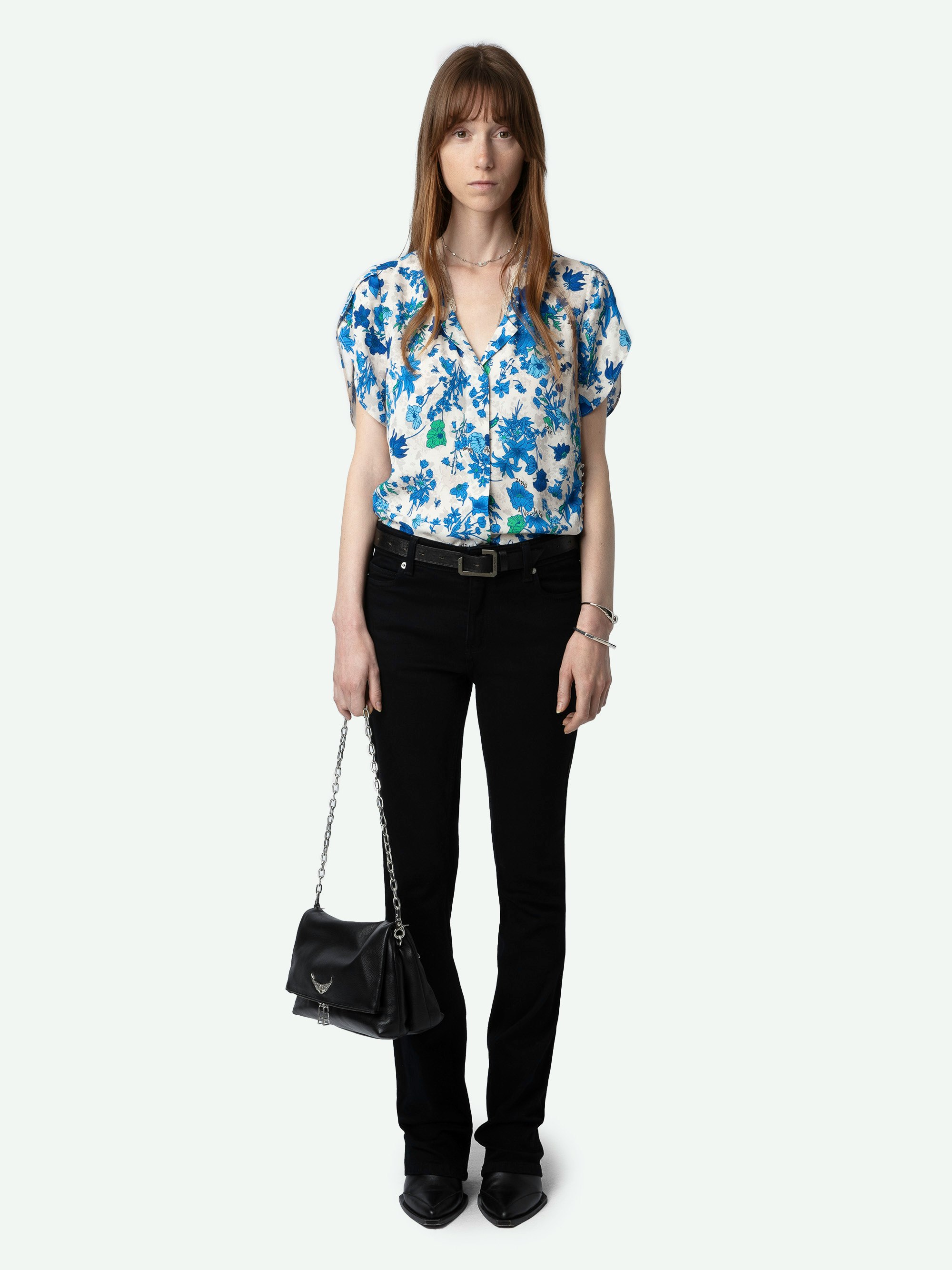 Tiffiny Top - Ecru crepe top with Garden Flowers floral print, collar and hem embellished with lace and diamante buttons on the left.