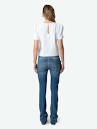 Tchao Sequin Top - White blouse with sequins and short balloon sleeves.