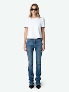 Tchao Sequin Top - White blouse with sequins and short balloon sleeves.