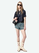 Topher Satin Top - Satin top with short sleeves and button fastening.