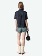 Topher Satin Top - Satin top with short sleeves and button fastening.