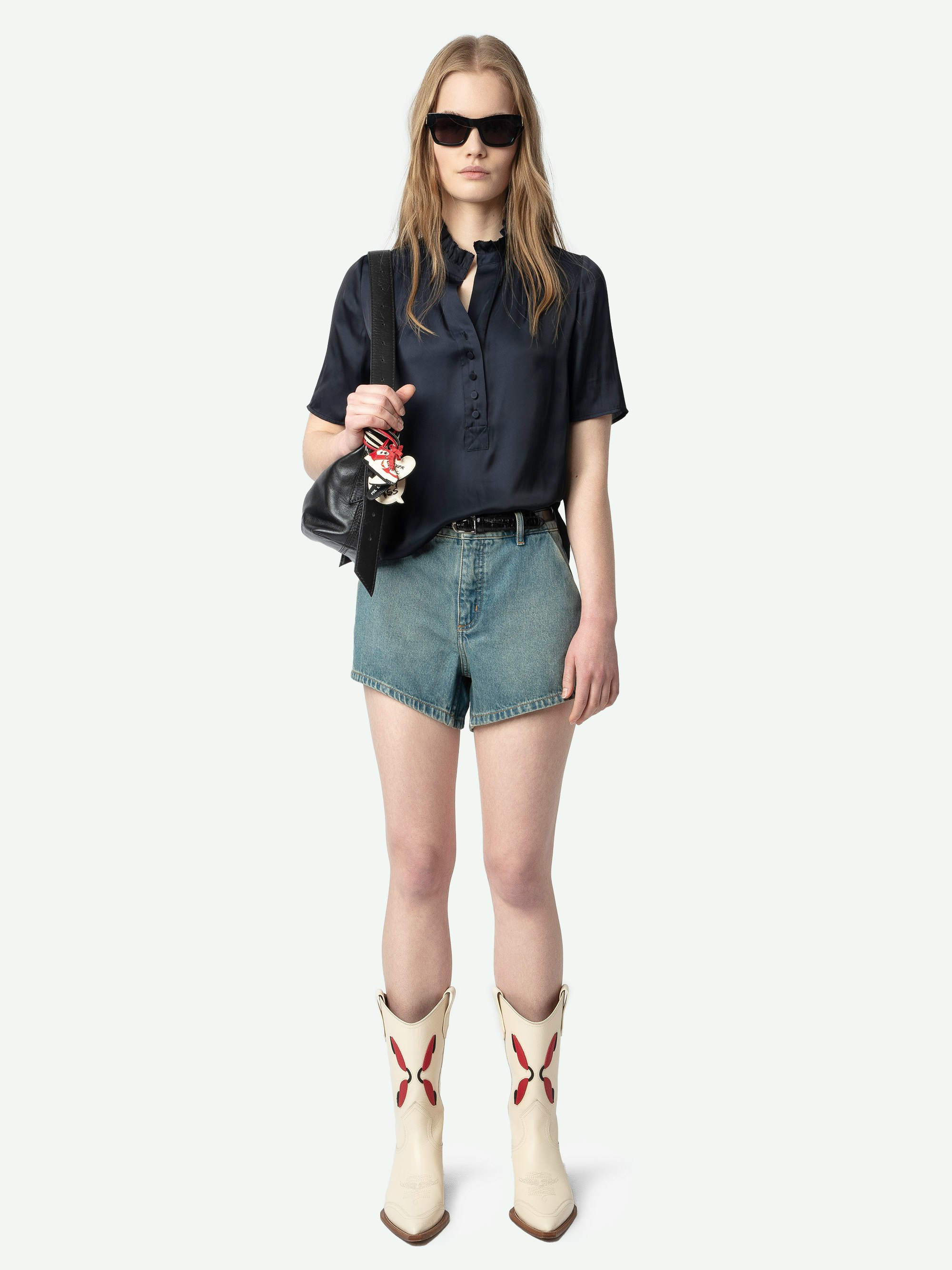 Topher Satin Top - Satin top with short sleeves and button fastening.
