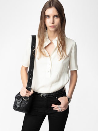 Topher Satin Top - Satin top with short sleeves and button fastening.