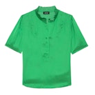 Topher Satin Top - Bright green satin top with short sleeves and button fastening.