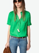 Topher Satin Top - Bright green satin top with short sleeves and button fastening.