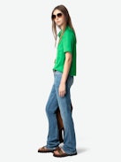 Topher Satin Top - Bright green satin top with short sleeves and button fastening.