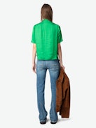 Topher Satin Top - Bright green satin top with short sleeves and button fastening.