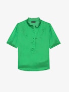 Topher Satin Top - Bright green satin top with short sleeves and button fastening.