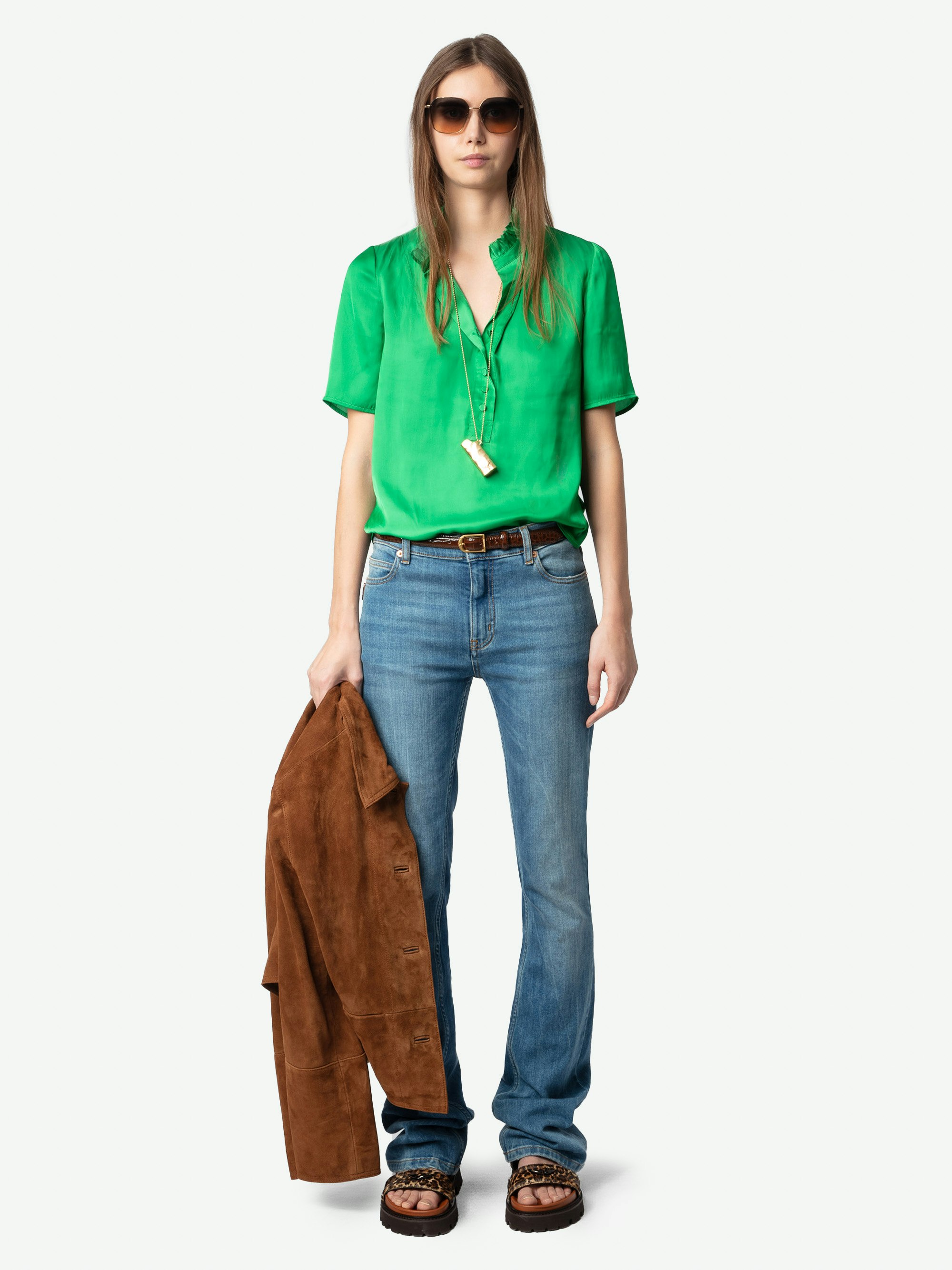 Topher Satin Top - Bright green satin top with short sleeves and button fastening.
