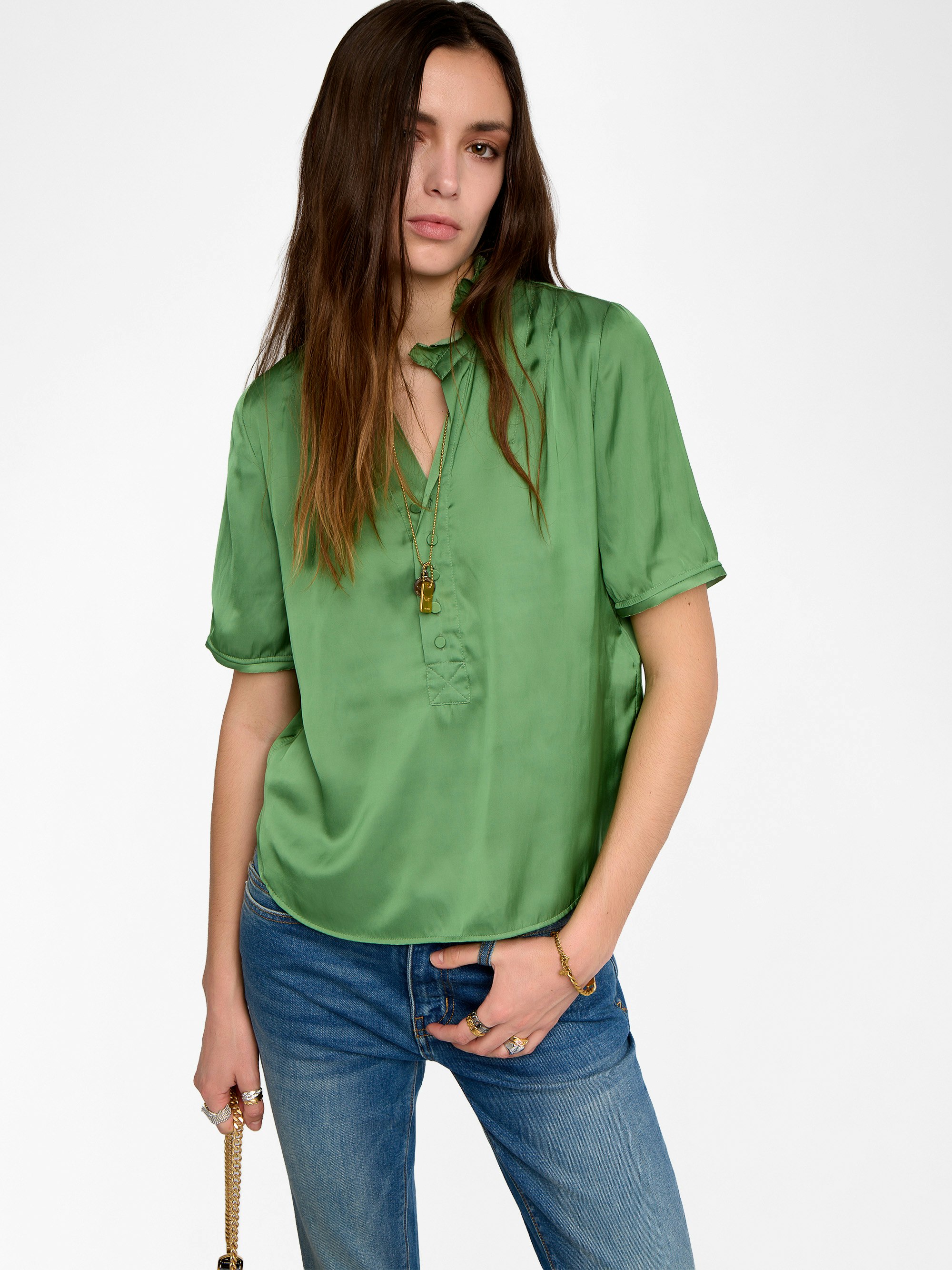 Topher Satin Top - Satin top, short sleeves and button fastening.