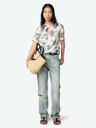 Topher Top - Cotton top with ladder lace insert, short sleeves and button fastening.