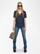 Terzo Satin Top - Terzo top in ZV jacquard Japanese satin, laced neckline with metal wings and short sleeves.