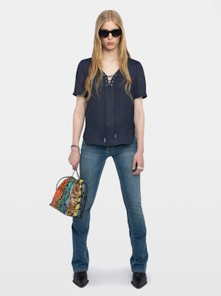 Terzo Satin Top - Terzo top in ZV jacquard Japanese satin, laced neckline with metal wings and short sleeves.