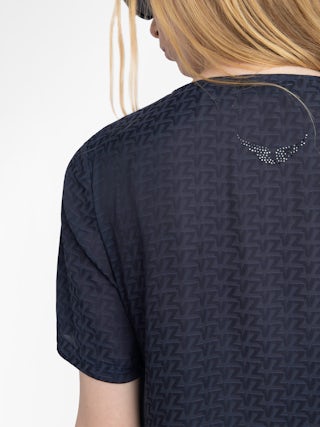 Top Terzo Satin - Top en satin japonais jacquard ZV, décolleté lacé avec wings métalliques et manches courtes.