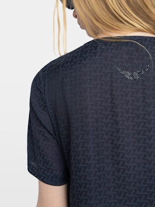 Terzo Satin Top - Terzo top in ZV jacquard Japanese satin, laced neckline with metal wings and short sleeves.