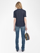 Terzo Satin Top - Terzo top in ZV jacquard Japanese satin, laced neckline with metal wings and short sleeves.