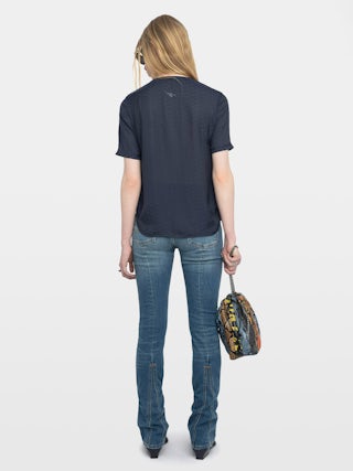 Terzo Satin Top - Terzo top in ZV jacquard Japanese satin, laced neckline with metal wings and short sleeves.