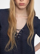 Terzo Satin Top - Terzo top in ZV jacquard Japanese satin, laced neckline with metal wings and short sleeves.