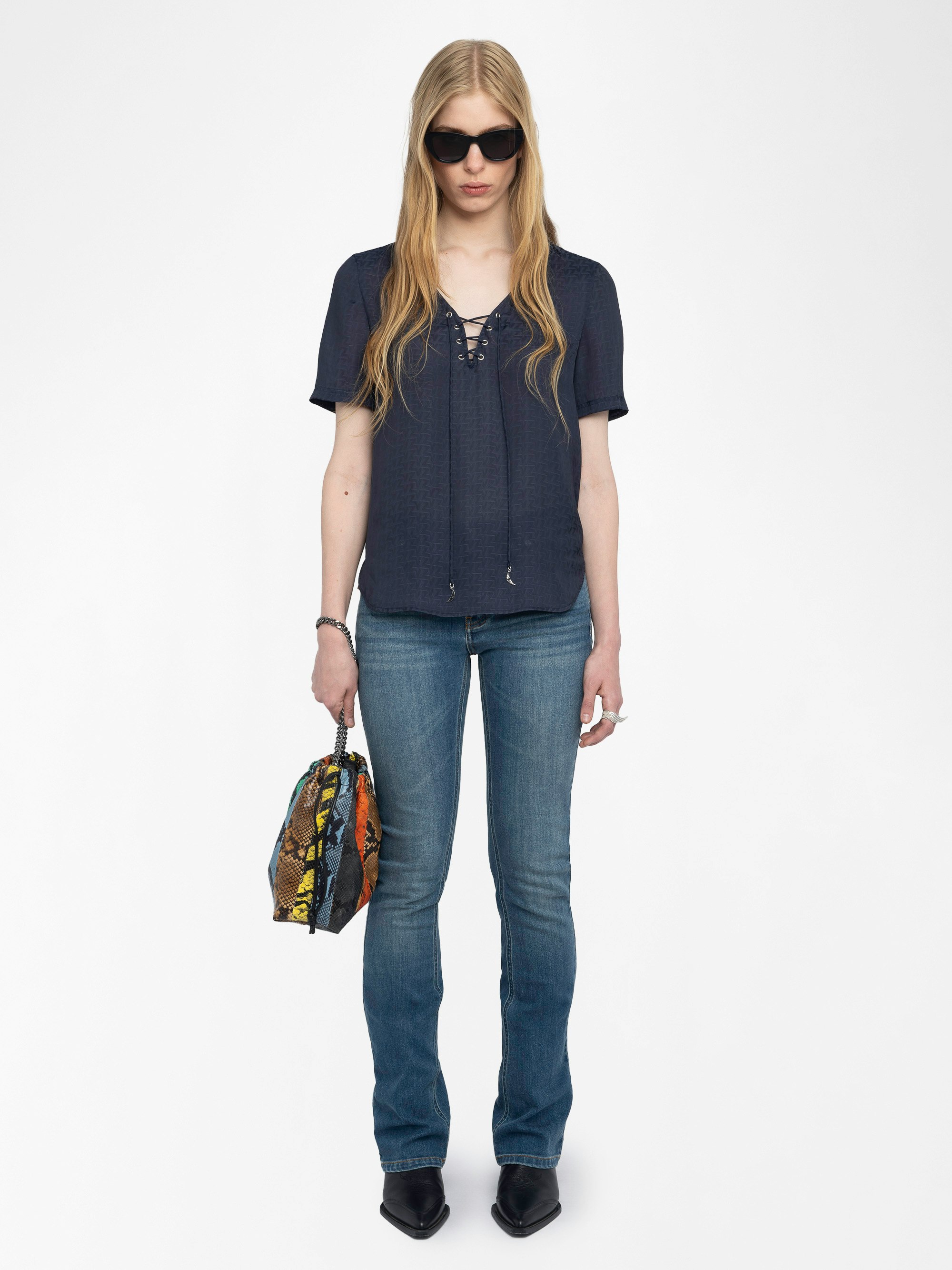 Terzo Satin Top - Terzo top in ZV jacquard Japanese satin, laced neckline with metal wings and short sleeves.