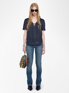 Terzo Satin Top - Terzo top in ZV jacquard Japanese satin, laced neckline with metal wings and short sleeves.