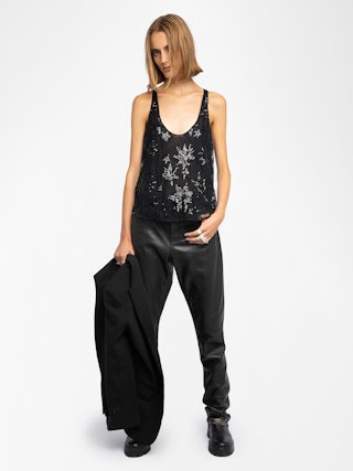 Top Tarysa - Lace tank top embroidered with sequins and pearls.