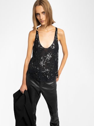 Top Tarysa - Lace tank top embroidered with sequins and pearls.