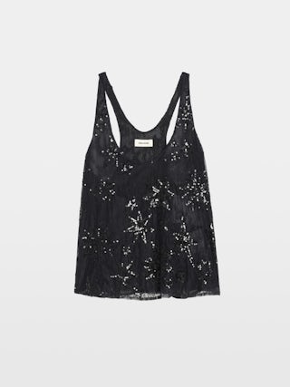 Top Tarysa - Camiseta de tirantes de encaje bordado con lentejuelas y perlas.