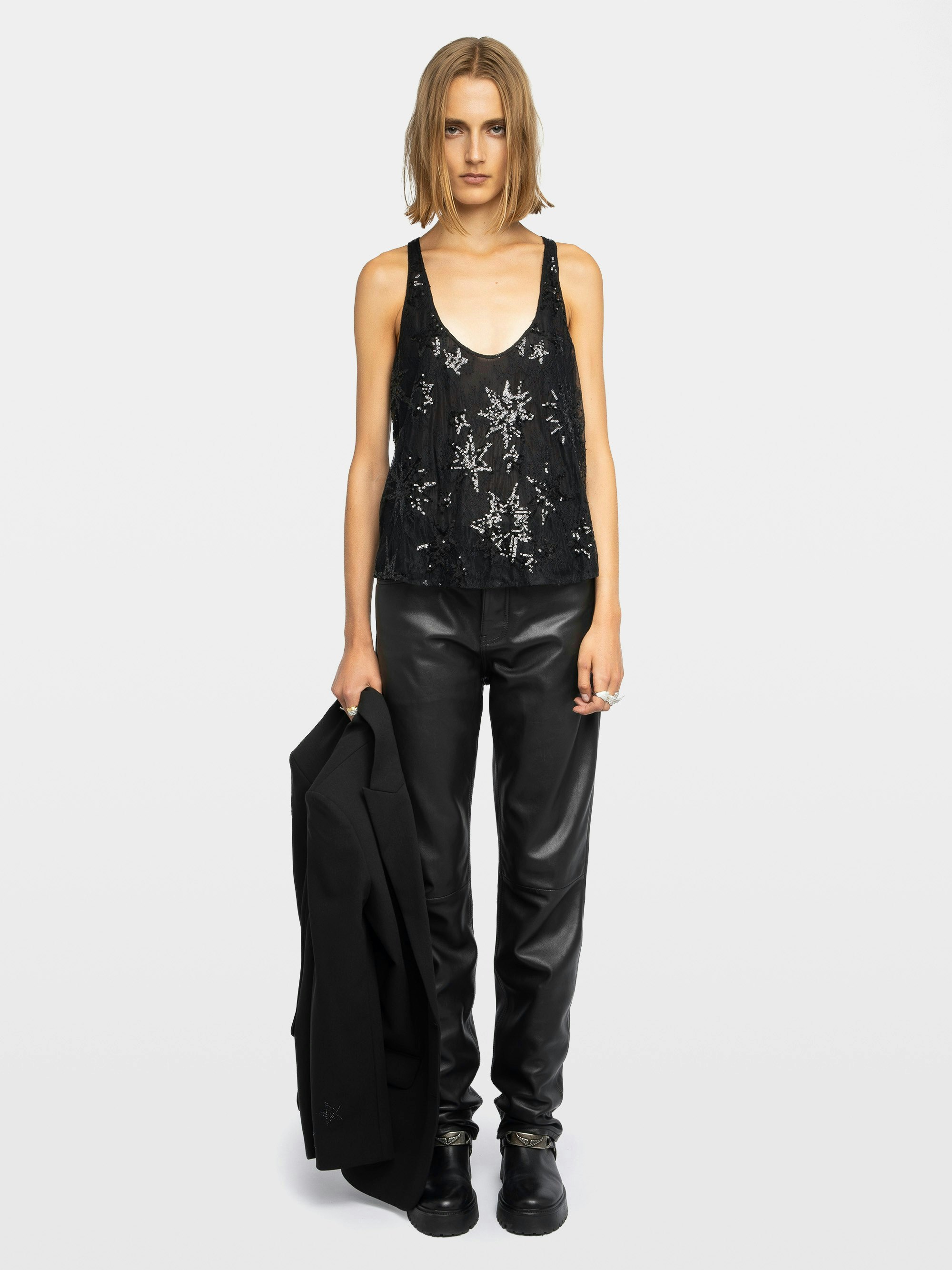 Top Tarysa - Lace tank top embroidered with sequins and pearls.