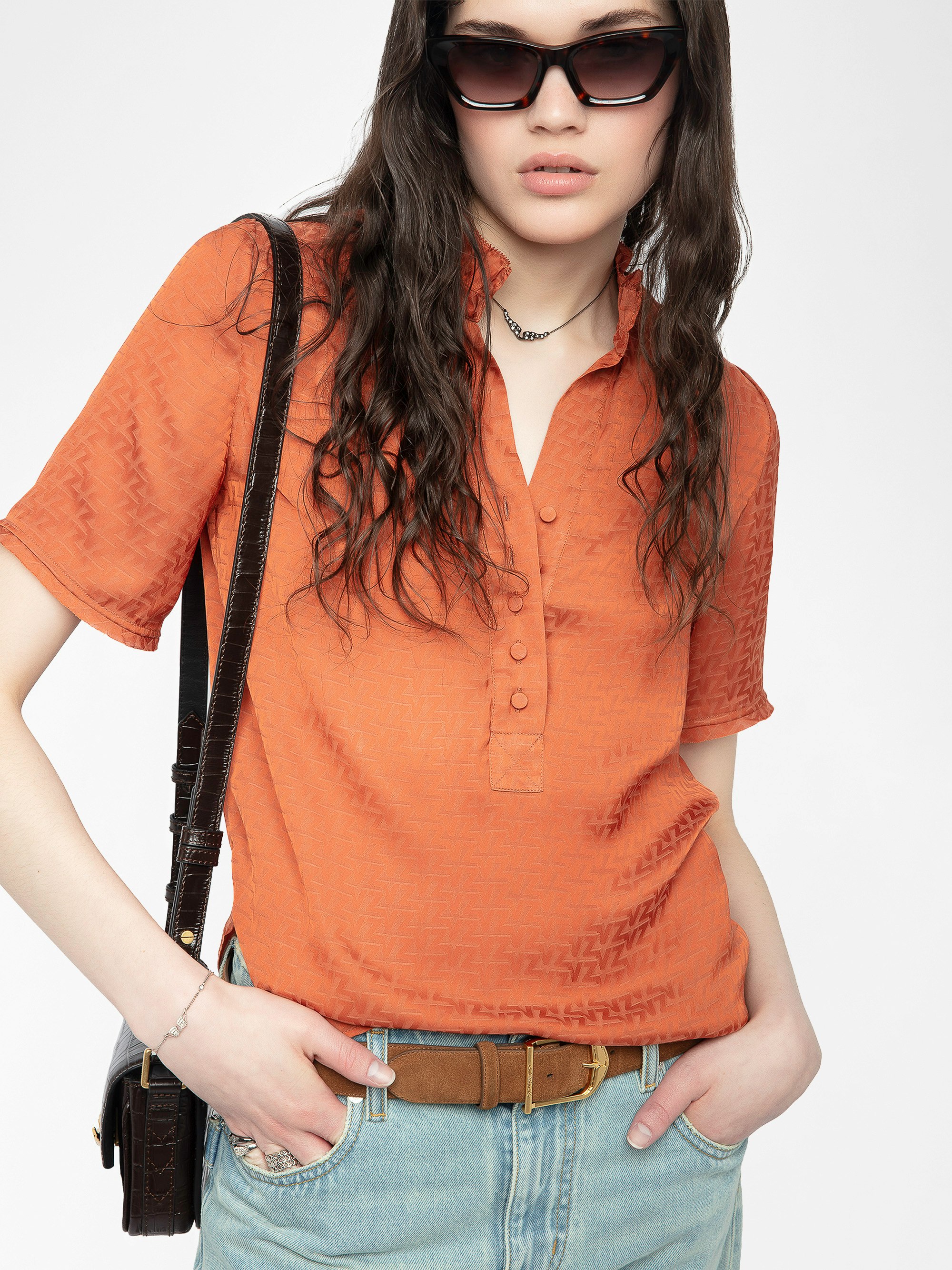 Topher Satin Top - ZV jacquard satin top with short sleeves and button fastening.
