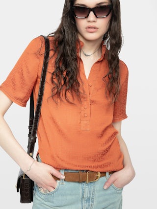 Topher Satin Top - ZV jacquard satin top with short sleeves and button fastening.