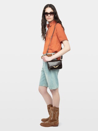 Topher Satin Top - ZV jacquard satin top with short sleeves and button fastening.