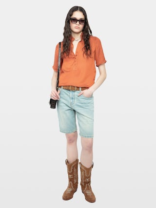 Topher Satin Top - ZV jacquard satin top with short sleeves and button fastening.