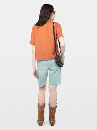 Topher Satin Top - ZV jacquard satin top with short sleeves and button fastening.